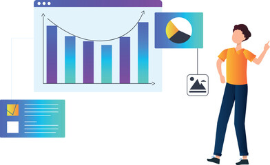A boy is showing the slope of a bar graph on a web page.