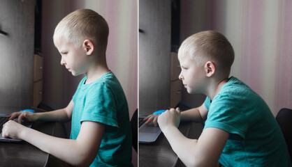 The boy is sitting on a chair in front of the computer. Correct and incorrect position of the spine...