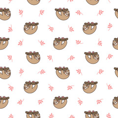 Cute kawaii sloth character. Seamless pattern. Cartoon funny wild animal. Hand drawn style. Vector drawing. Design ornaments. © palau83