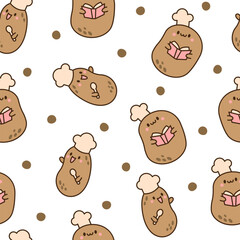 Cute happy potato character. Seamless pattern. Cartoon kawaii food with funny face. Hand drawn style. Vector drawing. Design ornaments.