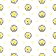 Cute kawaii sun with face. Seamless pattern. Cartoon smiling characters. Hand drawn style. Vector drawing. Design ornaments.