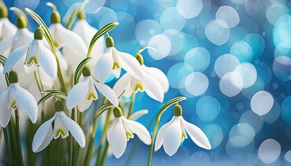 Fototapeta premium Delicate Elegance: Snowdrop Flowers Against a Blue Bokeh Background