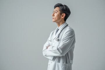 Professional doctor in white coat with stethoscope on white background