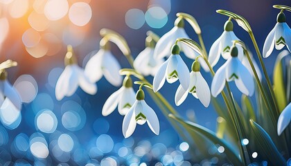 Fototapeta premium Delicate Elegance: Snowdrop Flowers Against a Blue Bokeh Background