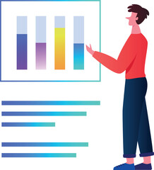 Boy is looking at the progress of a business bar graph.