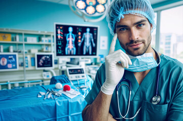 a doctor thinking in a surgery room, doctor with x ray image