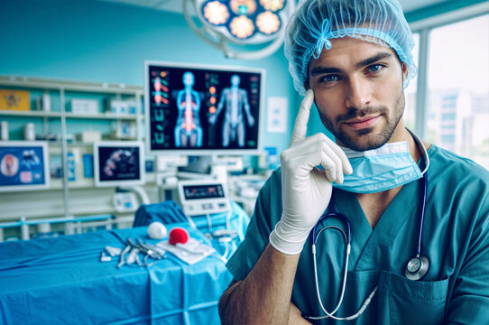 a doctor thinking in a surgery room, doctor with x ray image - Powered by Adobe