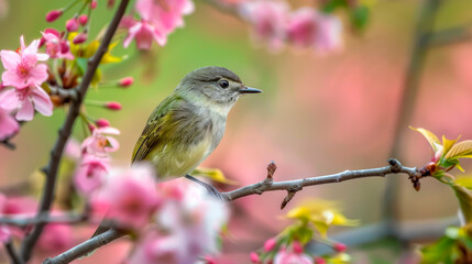 Obraz premium An olive flycatcher bird perched on a spring tree branch.