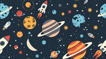 Generate a seamless pattern with planets, rockets, and astronauts exploring outer space