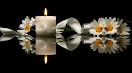 a white candle surrounded by white chrysanthemum flowers and a silver ribbon against a black background, ideal for book or magazine cover design.
