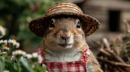Obraz premium Adorable squirrel wearing a straw hat and plaid scarf
