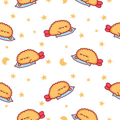 Funny tempura shrimp characters. Seamless pattern. Cute cartoon japanese food. Hand drawn style. Vector drawing. Design ornaments.