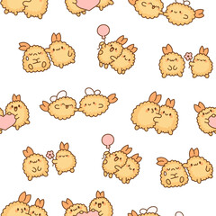 Cute couple fried shrimp tempura. Seamless pattern. Japanese food characters. Hand drawn style. Vector drawing. Design ornaments.