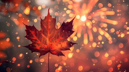 Vibrant Maple Leaf Silhouette with Bursting Fireworks Background, Canada