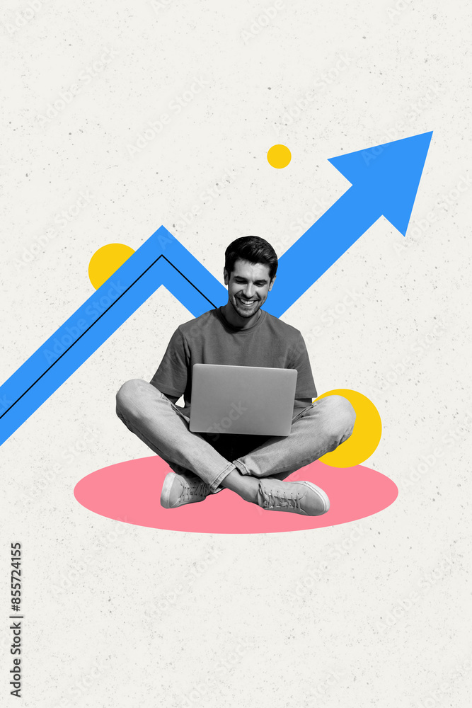 Poster vertical photo collage of happy freelancer man type macbook device arrow up development concept prog