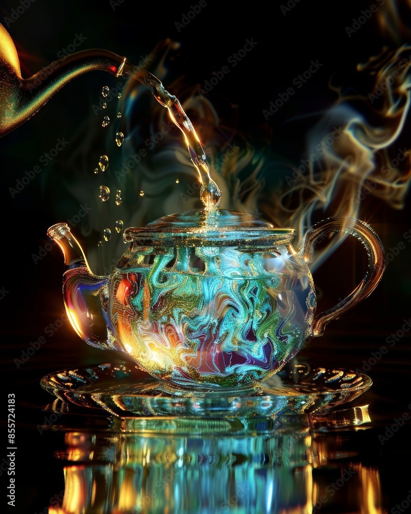 Poster A futuristic hologram of a teapot pouring tea, showcasing advanced technology and innovation in tea serving