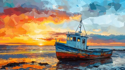 Obraz premium Sunset Scene with Old Fishing Vessel