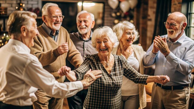 Smiley happy seniors dancing and having fun celebrating party in nursing home, elderly people enjoying a lively social activity gathering 