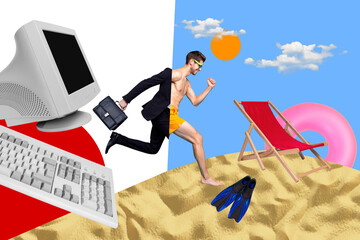 Composite photo collage of happy businessman run office work weekend summer vacation beach lounger lifebuoy isolated on painted background