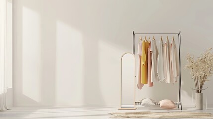 a fashionable assortment of women's dresses and t-shirts hanging against a crisp white wall background.