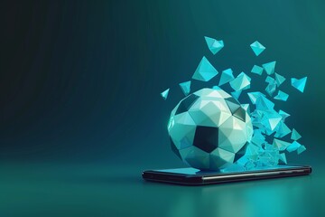 Fototapeta premium soccer ball bursts from a smartphone, shattering into geometric shards against a dark teal background. digital art, fusion of sports and technology, virtual gaming, sports apps, online sports content