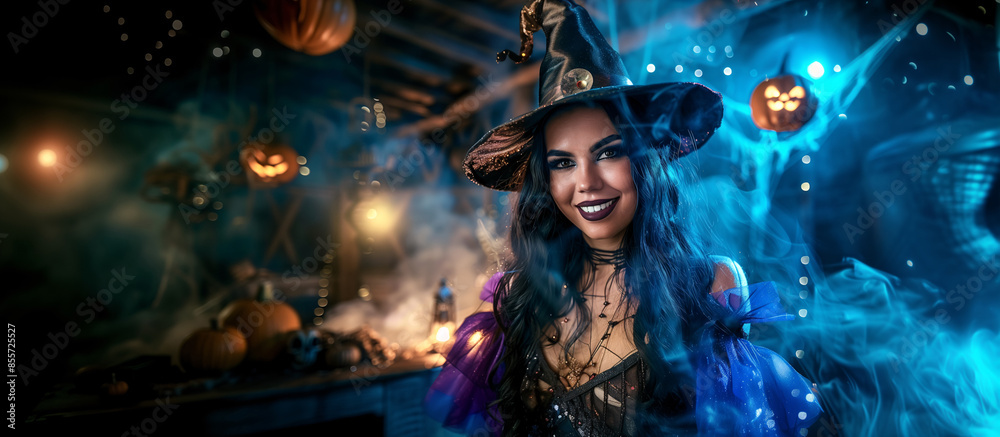 Wall mural Beautiful Caucasian woman smiling dressed as a witch, inside a medieval-themed room with Halloween decorations, Jack-o'-lanterns, candles, mysterious smoke, copy space.