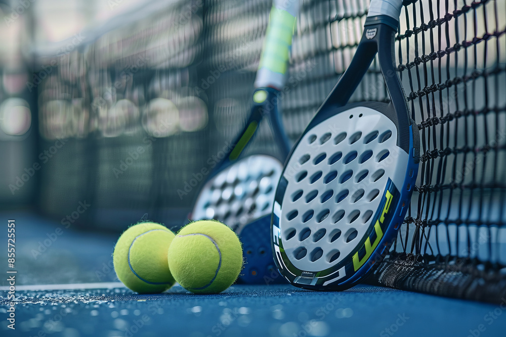 Wall mural A pair of padel tennis rackets and balls resting against a net on a blue court. The equipment is positioned close to the camera, with the court and net slightly blurred in the background