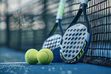 A pair of padel tennis rackets and balls resting against a net on a blue court. The equipment is positioned close to the camera, with the court and net slightly blurred in the background