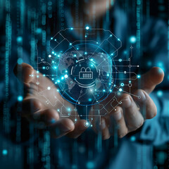 Businessman holding backup icon and global network with analysing tehnology data, data security, network connection on interface background
