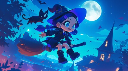 Little witch on her flying broom with her cat, over the city, in a night sky with the moon, clouds, and stars, Chibi anime style.