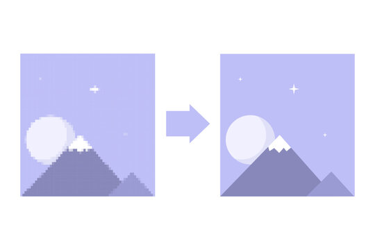 Picture quality improvement, converting to high resolution image using artificial intelligence. Vector illustration.