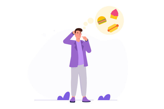 Unhealthy nutrition hunger. Man thinking food. . A hungry guy with an upset stomach imagines a delicious meal Vector illustrations.