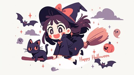 Little witch on her flying broom with her cat, in the night sky with ghosts and bats, with the phrase 'Happy Halloween.