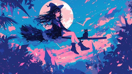 Little witch on her flying broom with her cat, over the city, in a night sky with the moon, clouds, and stars, Chibi anime style.