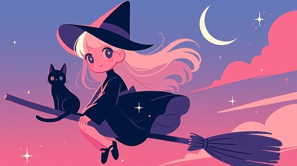 Little witch on her flying broom with her cat, night sky with moon, clouds, and stars, Chibi anime style.