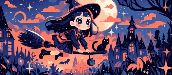  Little witch on her flying broom with her cat, over the city, night sky with the moon, clouds, and stars, Chibi anime style, Halloween, copy space.