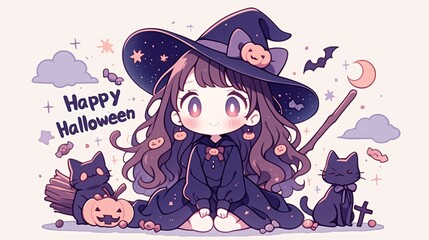 A little smiling witch with her two cats, with the phrase 'Happy Halloween,' clouds, stars, moon, and pumpkins, Anime Chibi.