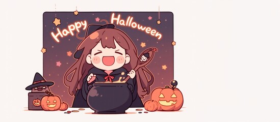 Obraz premium Smiling girl dressed as a witch, using a cauldron, surrounded by pumpkins, ghosts, and decorations, with the phrase 'Happy Halloween,' in Chibi anime style, copy space.