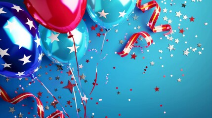 Fourth of July Independence Day Celebration with Colorful Balloons, Ribbons, and Star Confetti on Vibrant Blue Background