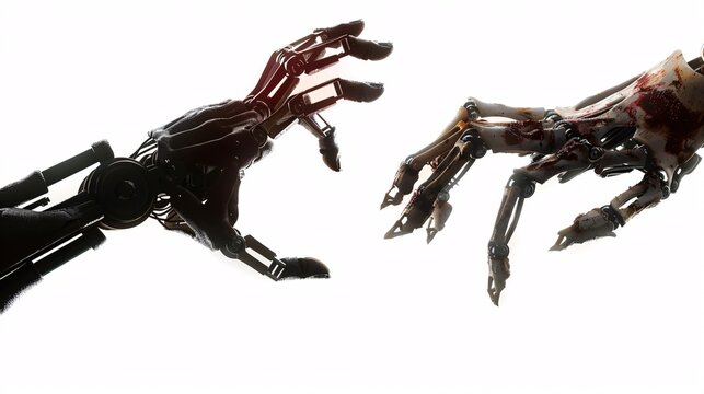 A conceptual image shows a zombie hand attempting to reach towards a robotic hand, set against a white transparent background, symbolizing a clash between the organic.