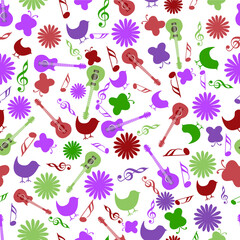 Colorful Music Notes with Instruments, Flowers, Birds and Butterflies Decorated on Png Background.