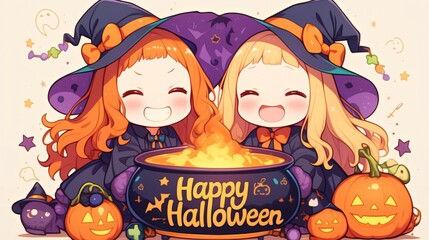 Two witchy girls smiling beside a flaming cauldron and pumpkins, with the phrase 'Happy Halloween,' in Chibi anime style.
