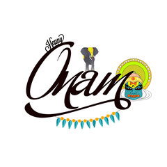 Happy Onam Celebration Concept with Kathakali Dancer Face and Elephant on Png Background.