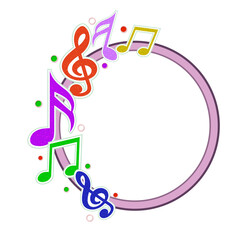 Fototapeta premium Colorful Sticker Style Music Notes Decorated Blank Circular Frame on Png Background.