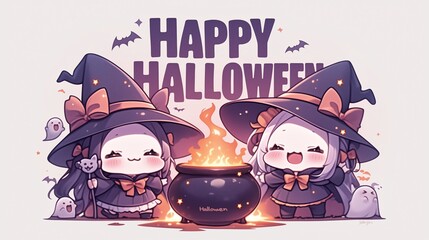 Two witchy girls smiling beside a flaming cauldron and ghosts, with the phrase 'Happy Halloween,' in Chibi anime style.