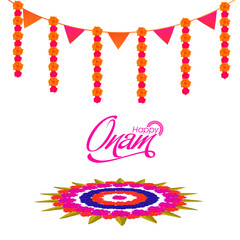 Happy Onam Poster Design with Beautiful Rangoli (Atham) and Floral Garland on Png Background.