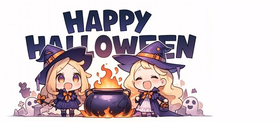 Two witchy girls smiling beside a flaming cauldron and ghosts, with the phrase 'Happy Halloween,' in Chibi anime style, copy space.