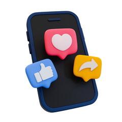 3D illustration of a smartphone with social media icons, representing likes, shares, and love for online engagement.