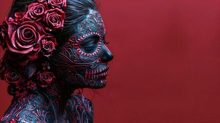  A woman with a Mexican skull design, face and body paint of flowers, adorned with roses, white, black, red, La Catrina, against a black background, copy space.