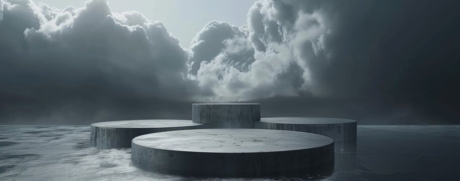 Dreary podium stage with a foggy background, ideal for creating a foreboding and suspenseful atmosphere for events